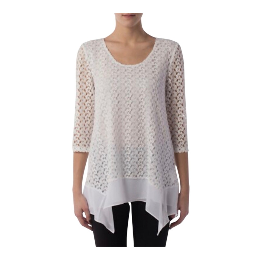 Joseph Ribkoff Lace Tunic Womens 8 White Split Back Chiffon Hem 3/4 Sleeve Top